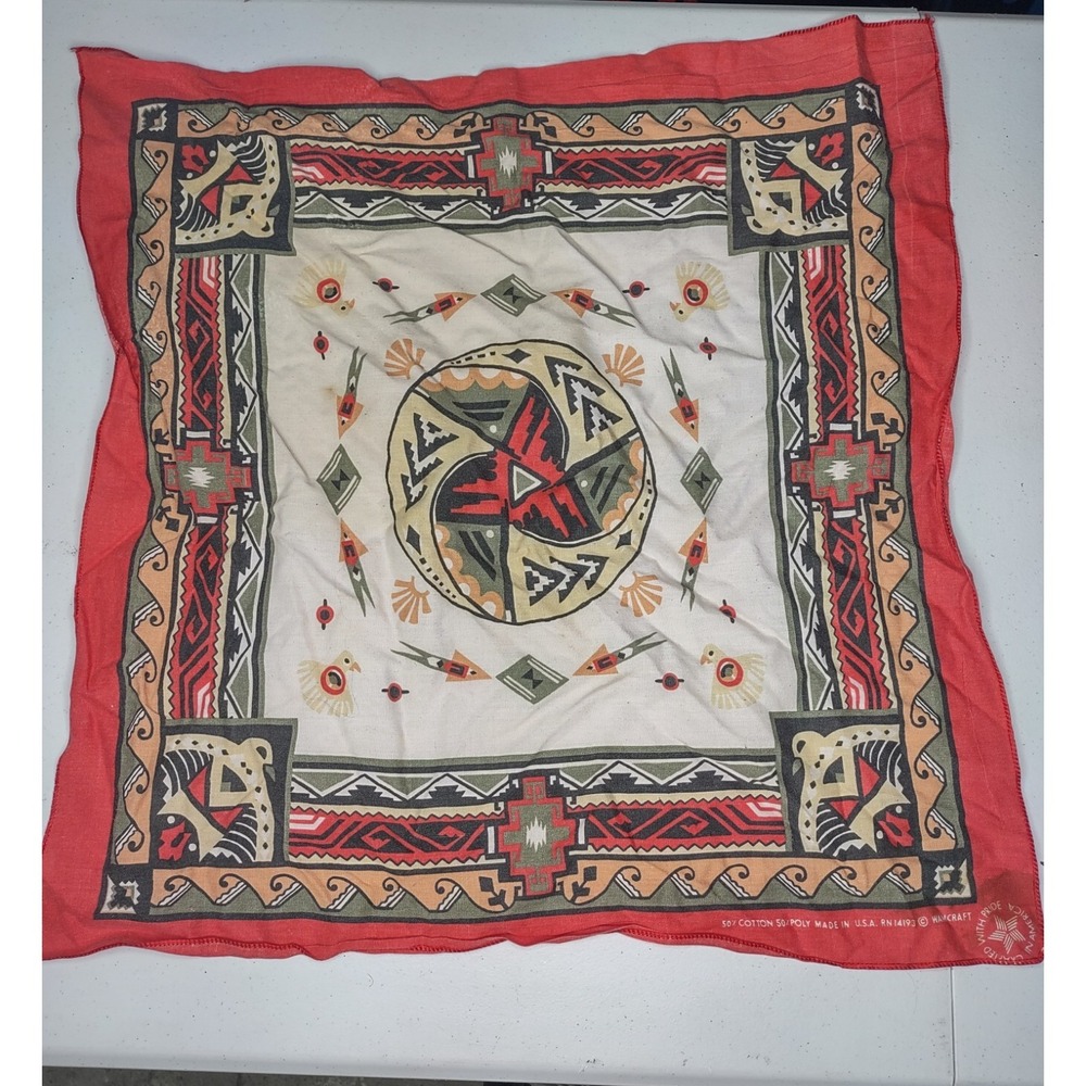Vintage Red Tribal Aztec Southwestern Wamcraft Scarf Bandana USA Made !